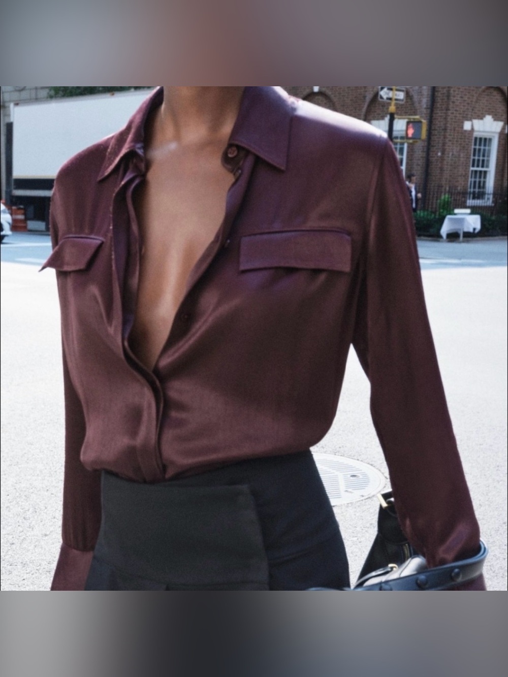 Zara Satin Button-Down Shirt - Burgundy